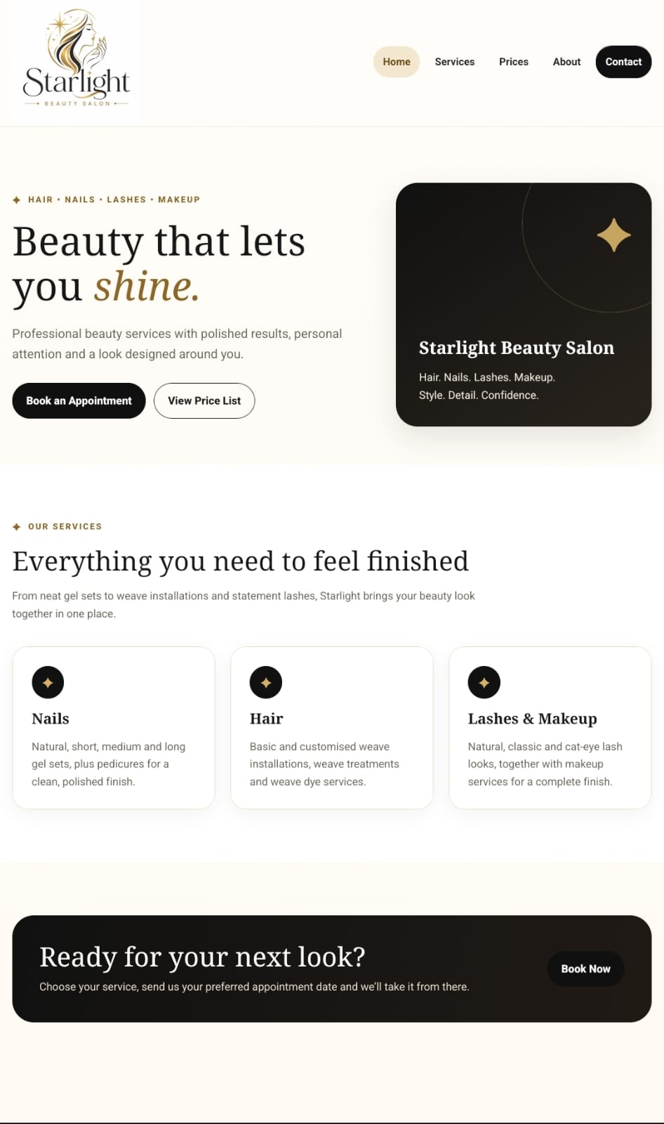 Starlight Beauty Salon mobile website view